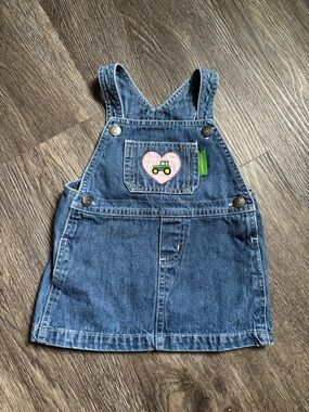 John Deere Denim Overall Dress with Pink Heart Tractor Patch - Blue